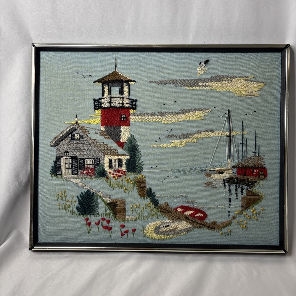 Vtg‎ Paragon Needlecraft Crewel Embroidery Cape Cod Lighthouse Framed 21x17"